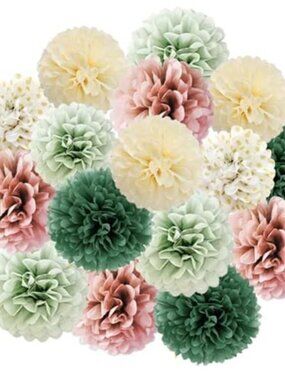Sage Green Dusty Rose Pom Poms Tissue Paper Flowers Party Decorations Set